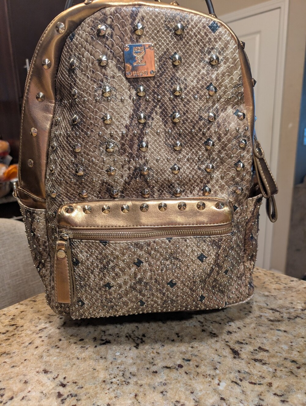 MCM *Rare* Gold Bronze Snakeskin Studded Backpack Authentic